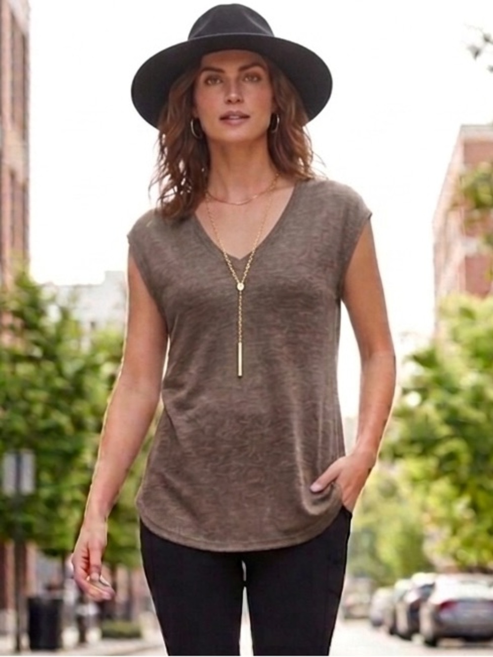 Divided by H&M Brown Semi-Sheer High-Low V-Neck Tunic Top - Size S